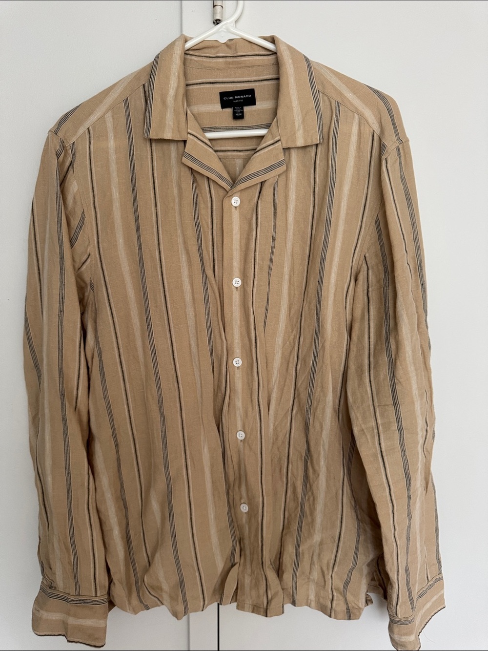 Club Monaco Tan and Gray Vertical Stripe Button-Down Shirt